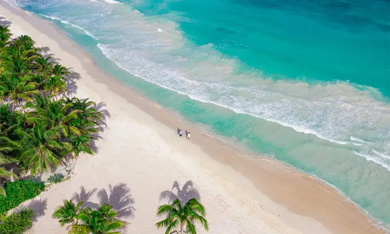 Traumhafter Strand in Mexiko, Cancun. Palmen s&auml;umen den wei&szlig;en Sand, w&auml;hrend t&uuml;rkisfarbenes Wasser sanft an Land rollt. Ein Paar spaziert am Ufer entlang.