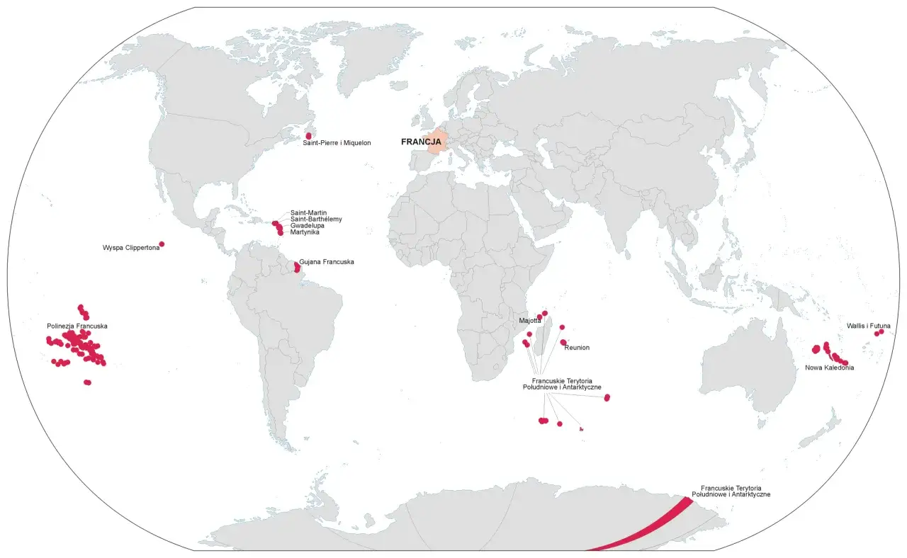 Mapa świata z zaznaczonymi terytoriami Francji. Czy Francja to państwo? Tak, jej terytoria rozciągają się od Europy po oceany.