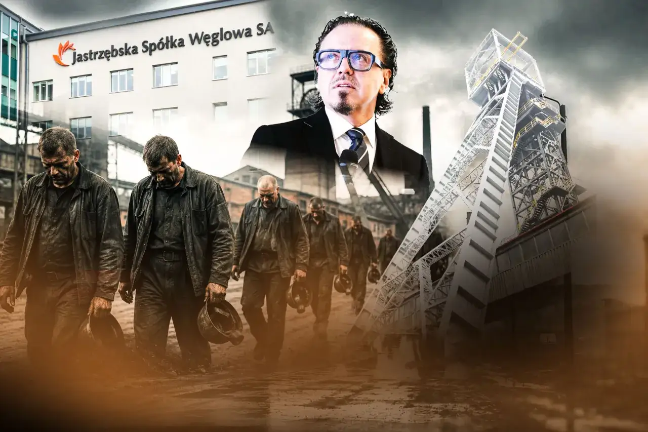 Górnicy wracają z kopalni, symbolizując bitwę o handel i przyszłość Jastrzębskiej Spółki Węglowej.