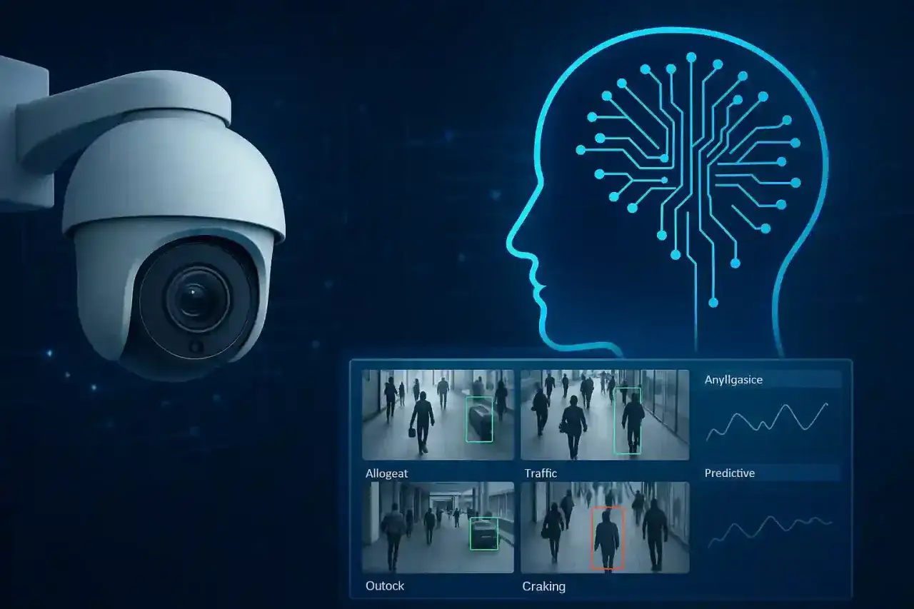Une caméra de surveillance avec une tête humaine stylisée, symbolisant la caméra ai. Des images de personnes détectées par l'IA sont affichées.