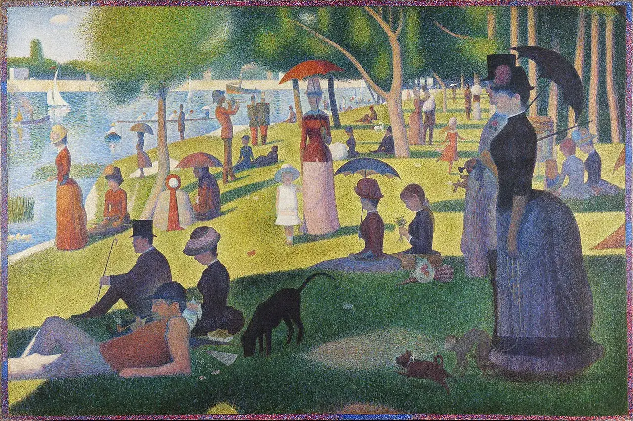 Niedzielne popołudnie na wyspie Grande Jatte. Ludzie odpoczywają nad wodą, pod parasolami, bawią się psy.