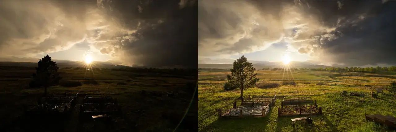 Ciel orageux et soleil per&ccedil;ant sur un paysage champ&ecirc;tre. La photo de droite, plus lumineuse, illustre les bases de la photographie : le traitement de l'image.