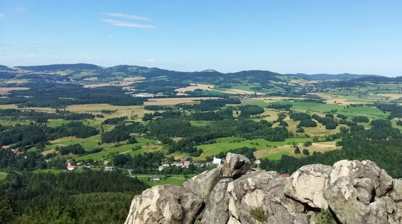 Krajobraz z punktu widokowego na Janowice Wielkie. W oddali widać pagórki, pola i lasy, a bliżej zabudowania i kościół.