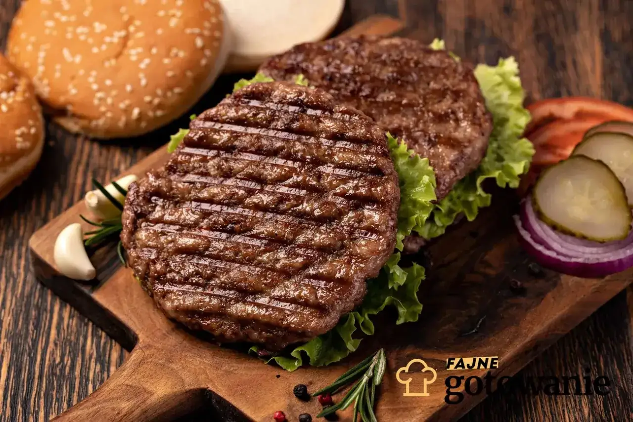 Dwa soczyste, grillowane mięso na burgery leżą na desce z dodatkami: sałatą, ogórkiem, cebulą i pomidorem.