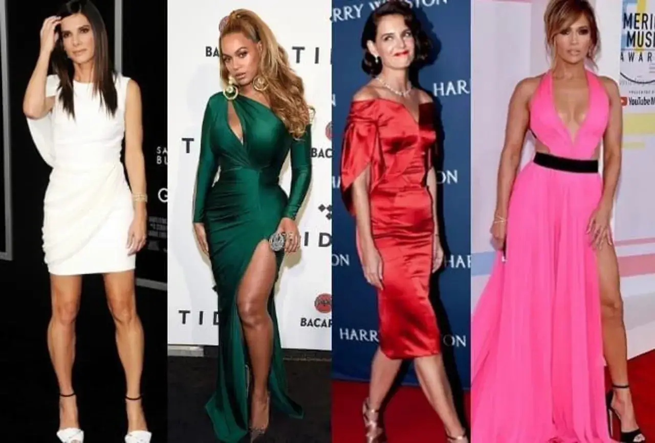 Gwiazdy w dopasowanych kreacjach: Sandra Bullock w bieli, Beyoncé w zieleni, Katie Holmes w czerwieni i Jennifer Lopez w różu. Figura gruszki z brzuchem podkreślona przez sukienki.
