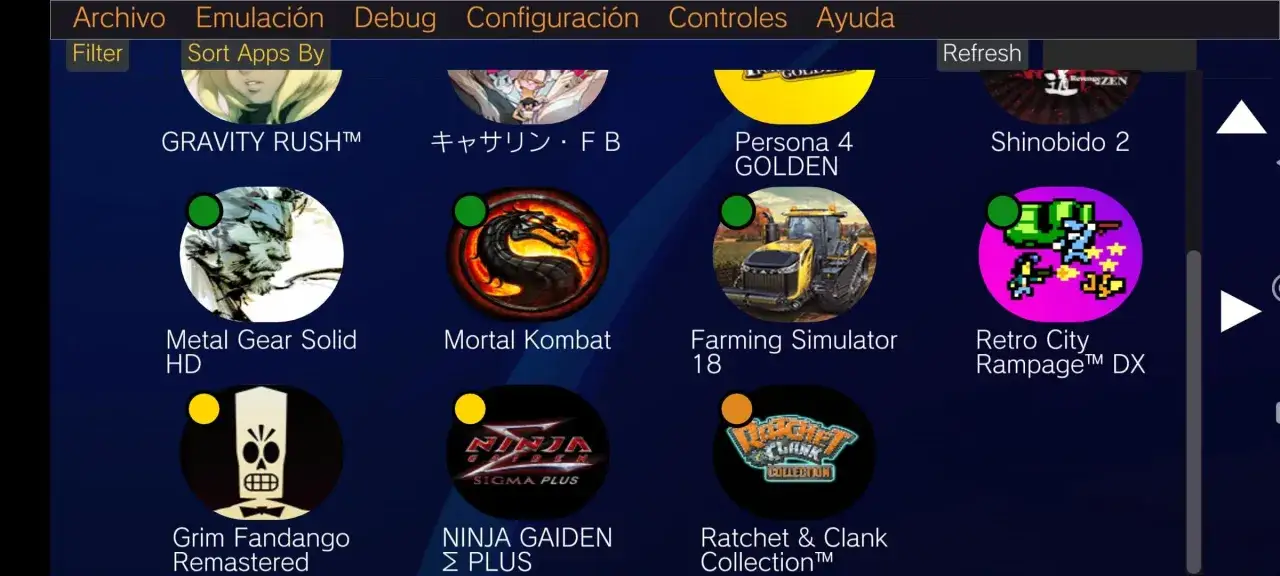 Ekran menu ps vita emulator z grami: Gravity Rush, Metal Gear Solid HD, Grim Fandango Remastered, Mortal Kombat, Ninja Gaiden Sigma Plus, Persona 4 Golden, Farming Simulator 18, Ratchet & Clank Collection, Retro City Rampage DX.