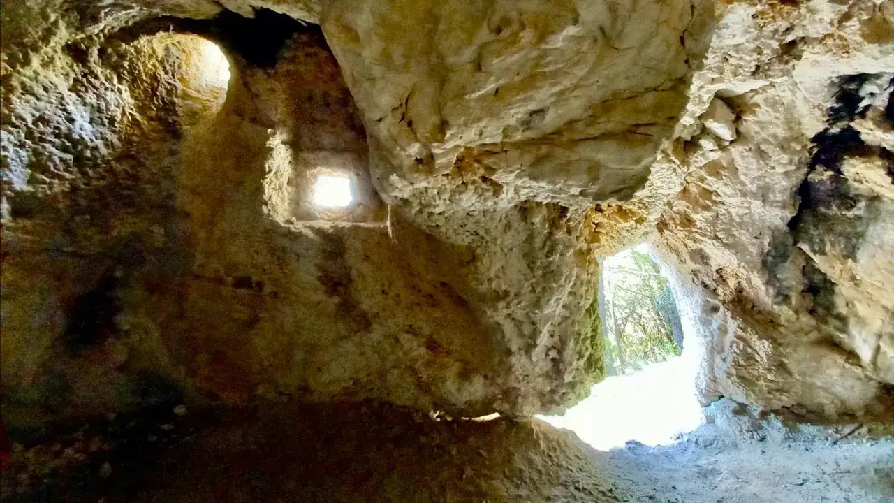 Interno della grotta del mortarolo, con aperture che illuminano le rocce calcaree e la vegetazione esterna.