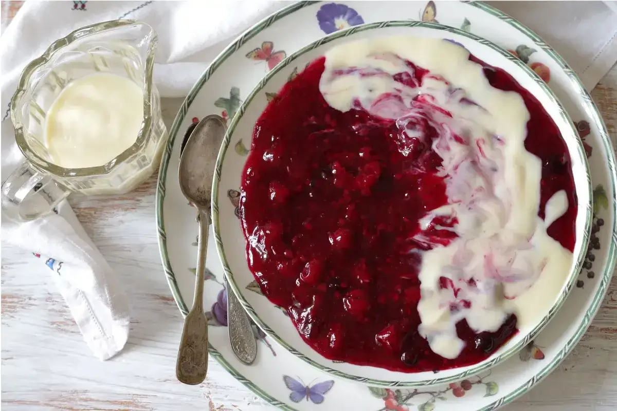 Ein Teller mit roter Beerensauce und cremiger Panna Cotta. Das klassische italienische Rezept f&uuml;r Panna Cotta ist ein Genuss.