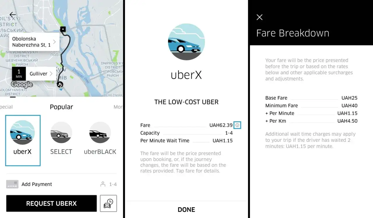 Uber-App zeigt die Kosten für eine Fahrt an. Man kann die uberX-Preise berechnen und sieht die Aufschlüsselung der Kosten.