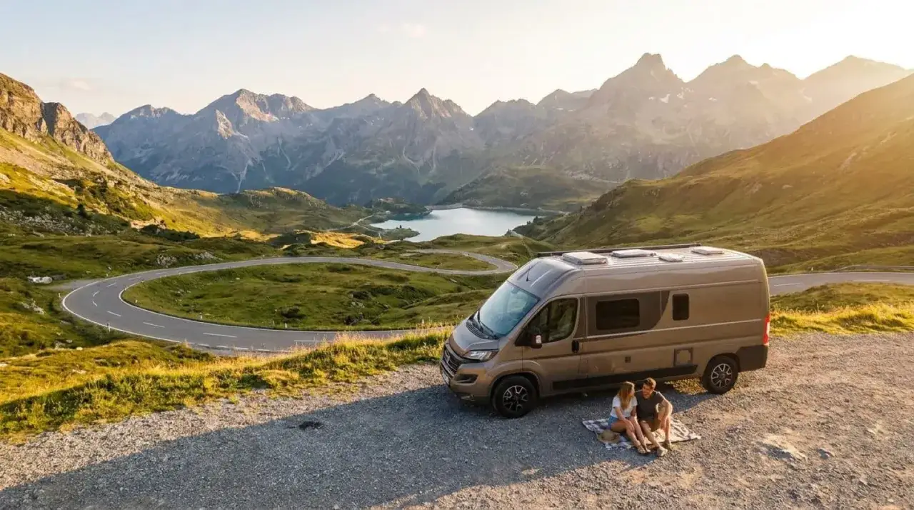 Pareja disfruta de un atardecer en los Picos de Europa con su camper, rodeados de montañas y un lago.