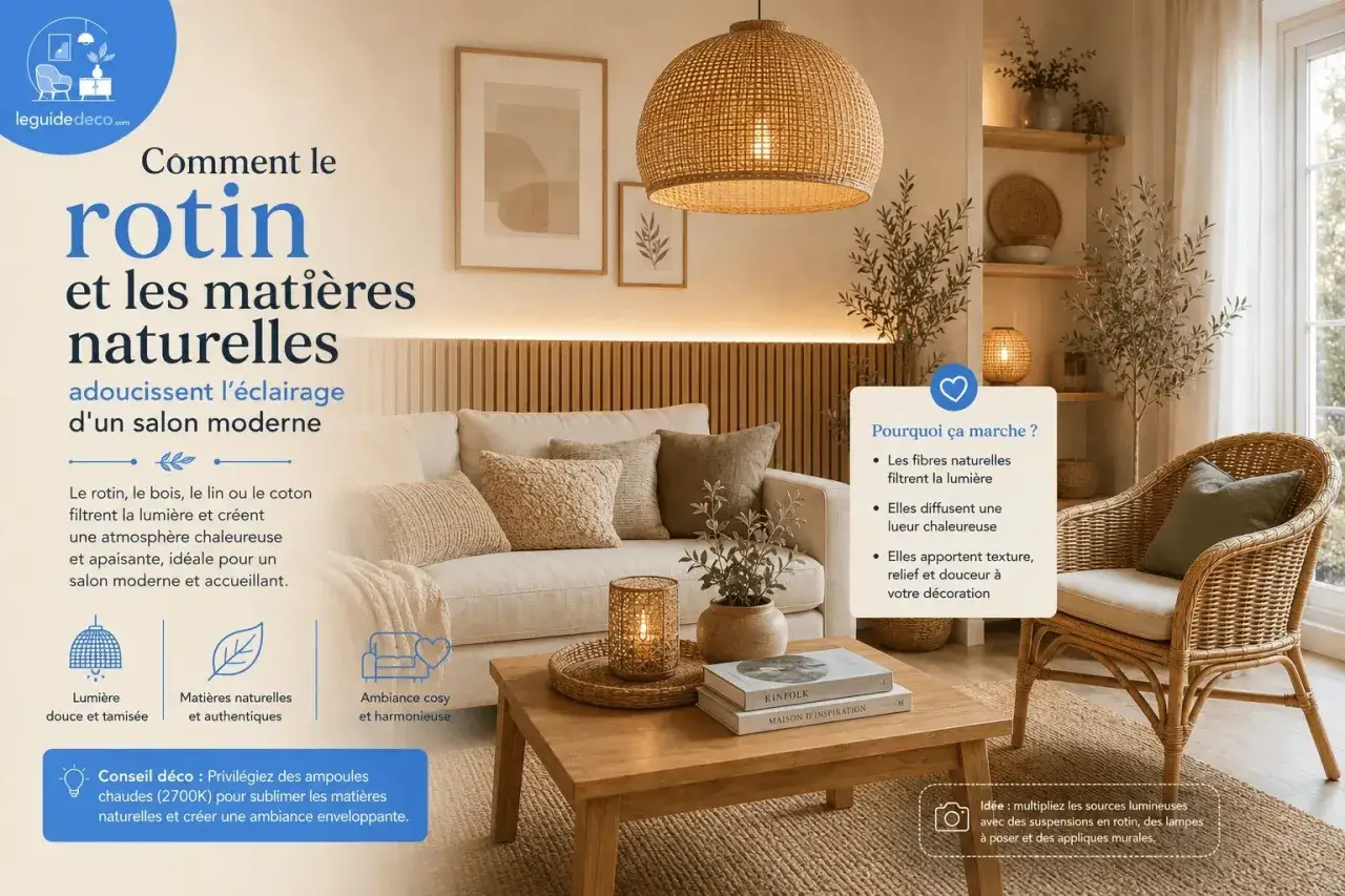 Un **salon cocooning chaleureux** avec un fauteuil en rotin, un canapé confortable et une suspension en rotin diffusant une lumière douce.