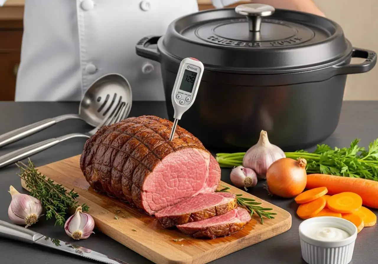 Un r&ocirc;ti de b&oelig;uf cocotte, parfaitement cuit, est mesur&eacute; avec un thermom&egrave;tre. Des l&eacute;gumes et une sauce cr&eacute;meuse compl&egrave;tent la sc&egrave;ne.