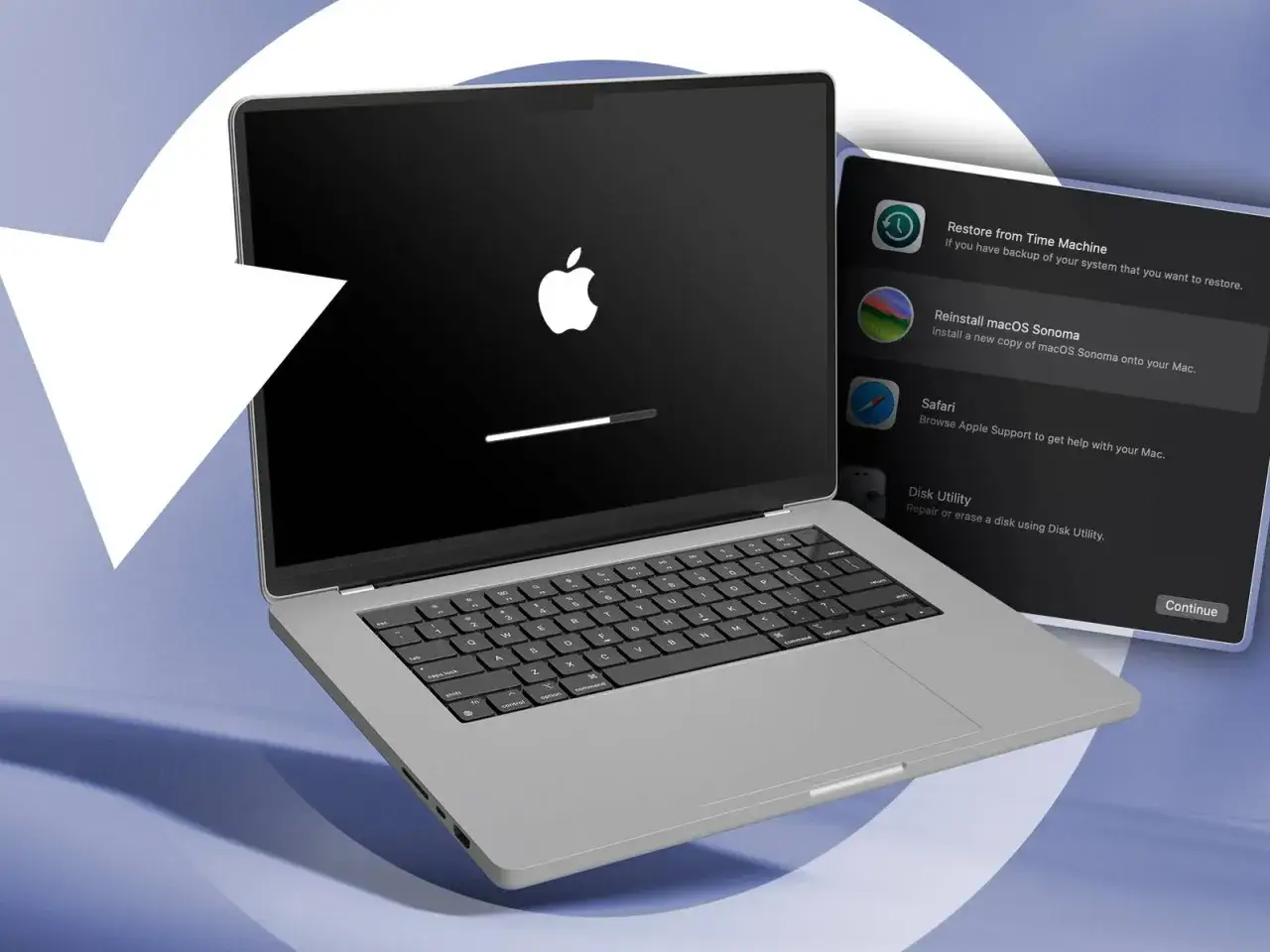 MacBook z ekranem ładowania i menu odzyskiwania macOS. Dowiedz się, jak zresetować laptopa, wybierając opcję reinstalacji systemu.