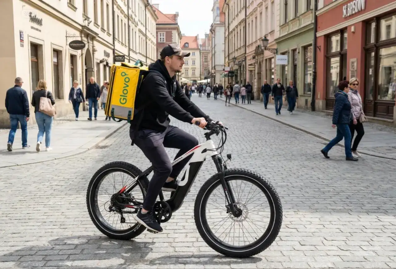 Kurier Glovo na rowerze, pracujący na stuart zarobki, przemierza brukowaną ulicę.