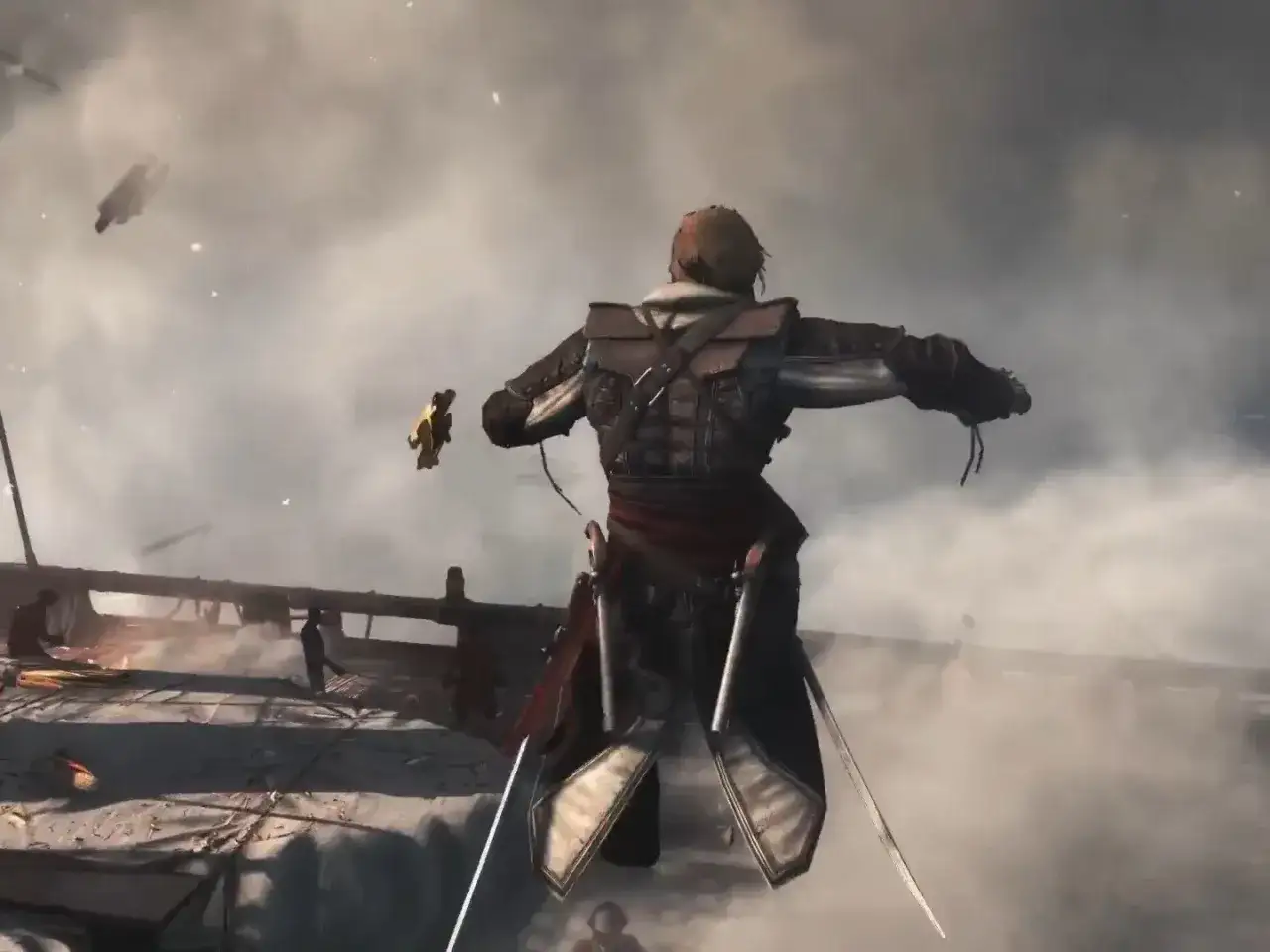 Piracki bohater z **black flag remake** szykuje się do skoku. W tle widać fragmenty statku i unoszący się dym.