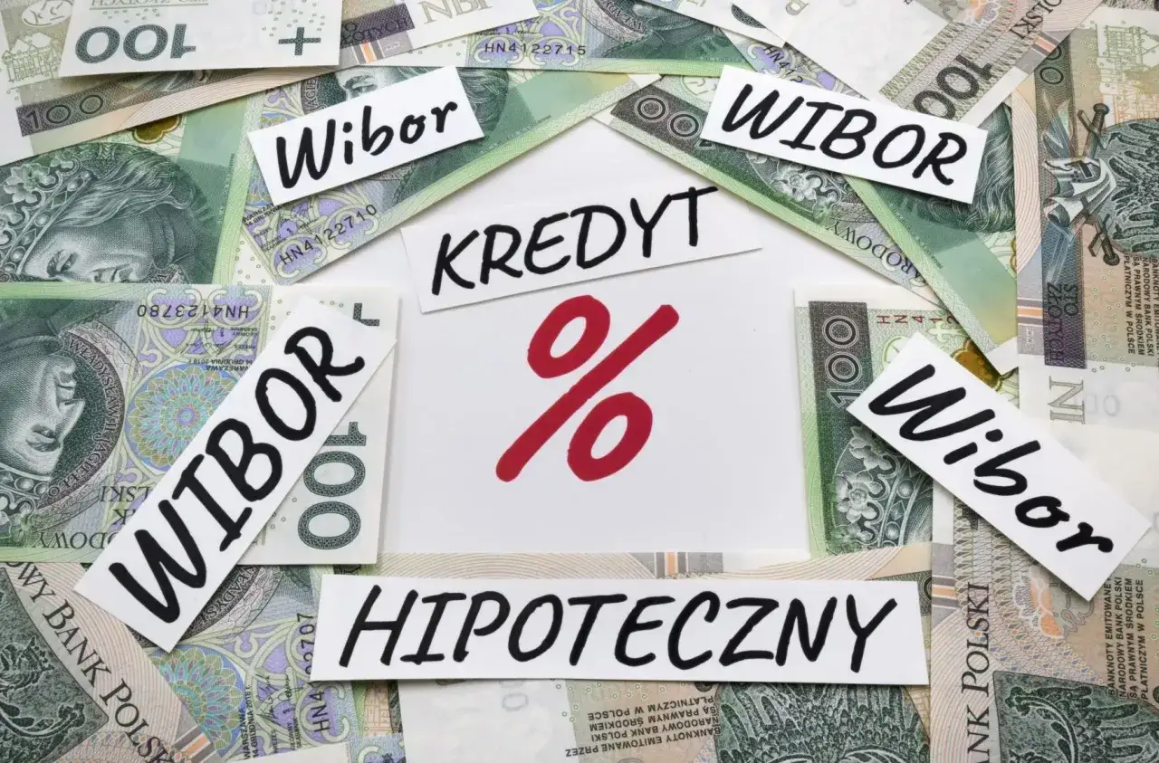 Kredyt hipoteczny z oprocentowaniem WIBOR. Polskie banknoty 100 zł tworzą tło dla słów kluczowych.