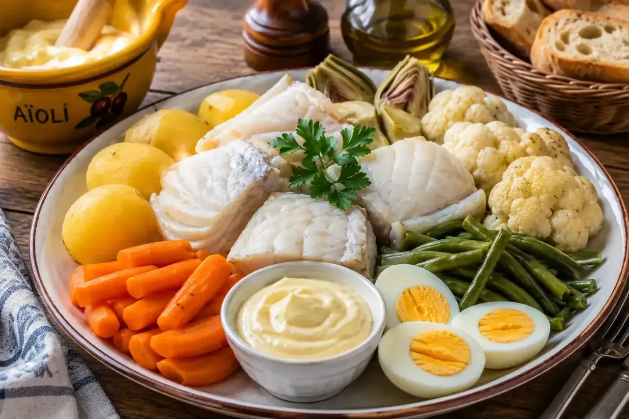 Plat de poisson blanc, pommes de terre, carottes, haricots verts, chou-fleur, artichauts et œufs durs, servi avec une sauce aioli provencal crémeuse.