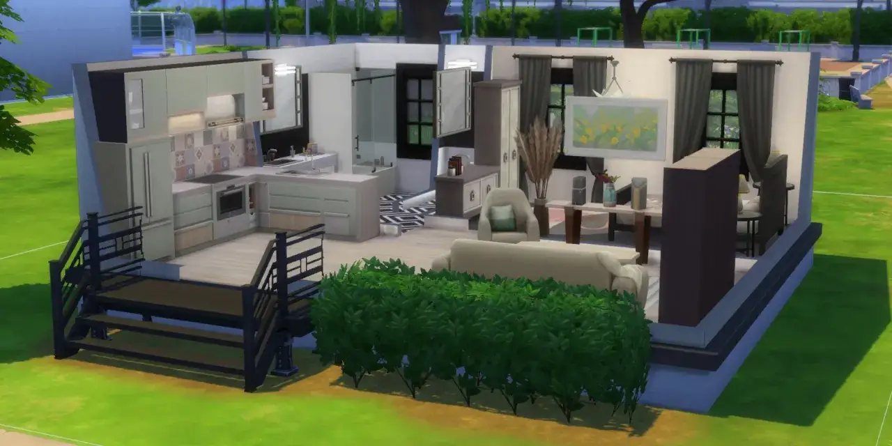 Nowoczesna kuchnia, łazienka i salon w The Sims 4. Kody budowanie pozwalają na tworzenie takich wnętrz.