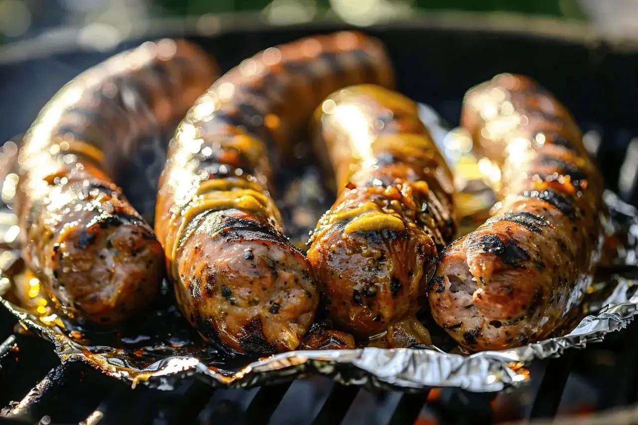 Quatre andouillettes grillées au barbecue, dorées et juteuses, avec des marques de cuisson appétissantes.
