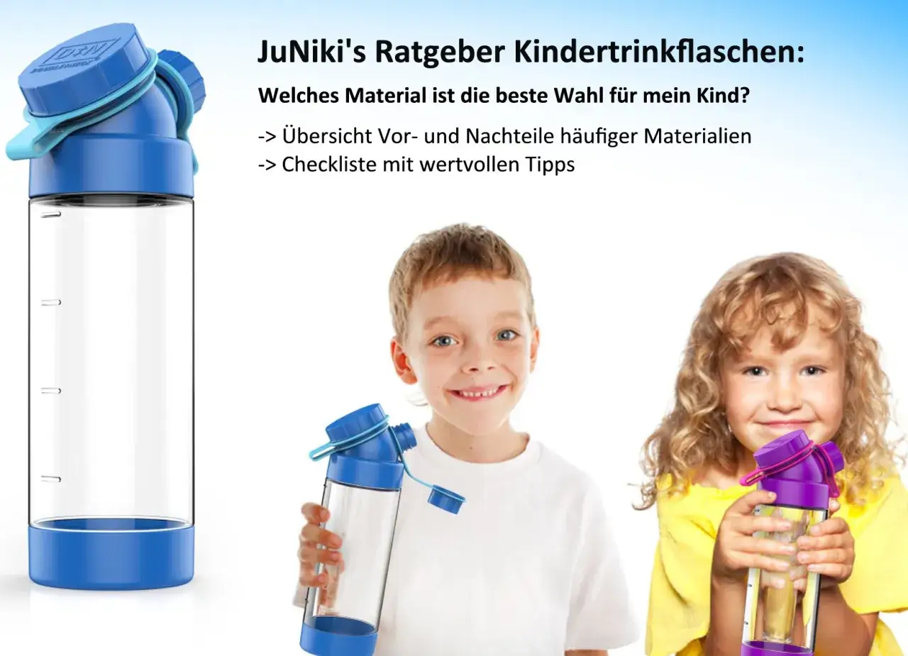 JuNiki's Ratgeber: Die beste Trinkflasche f&uuml;r Kinder. Ein Junge und ein M&auml;dchen halten blaue und lila Trinkflaschen.