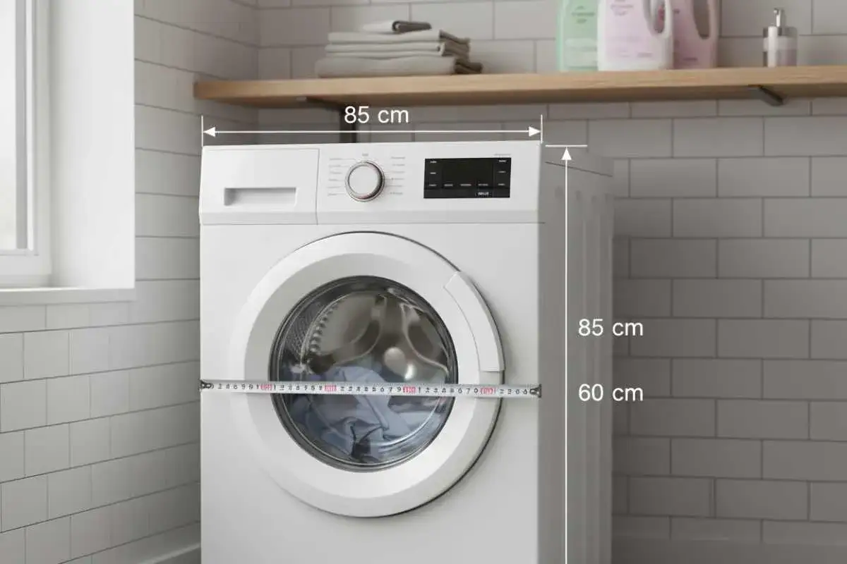 Machine à laver blanche mesurant 85 cm de largeur, 85 cm de hauteur et 60 cm de profondeur.