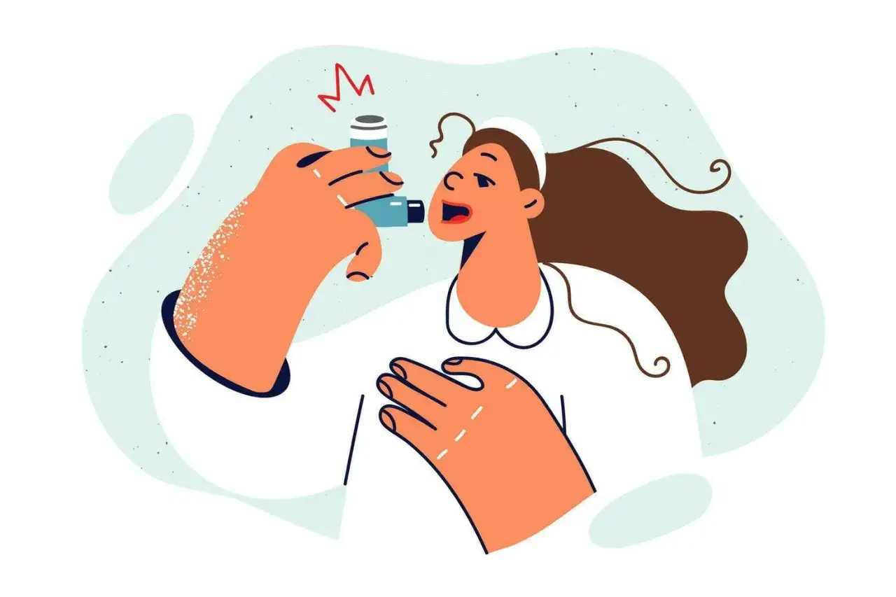 Donna usa inalatore per gestire l'asma allergica.