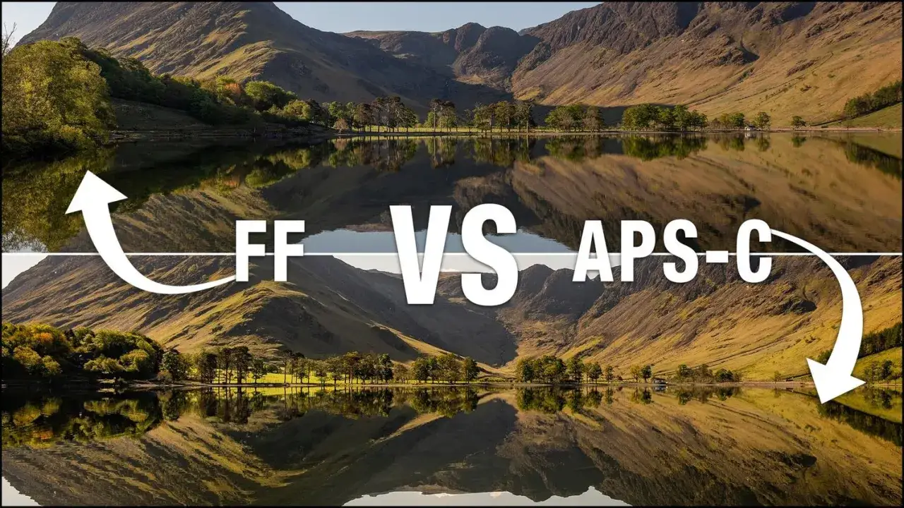 Confronto tra sensore full frame e APS-C con un paesaggio montano riflesso in un lago.