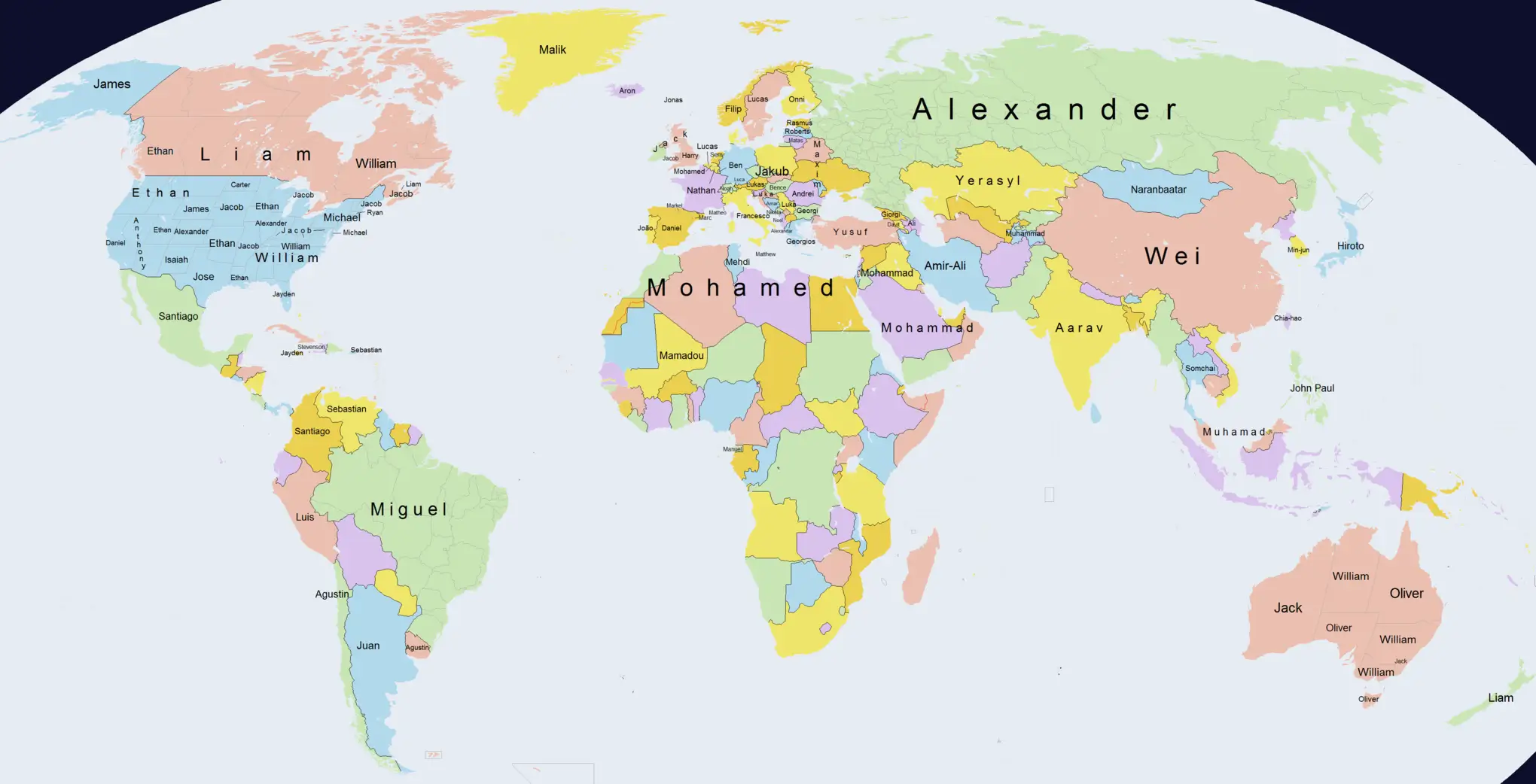 Weltkarte mit beliebten Jungennamen international. Von Liam in Nordamerika über Mohamed in Afrika bis Wei in Asien.