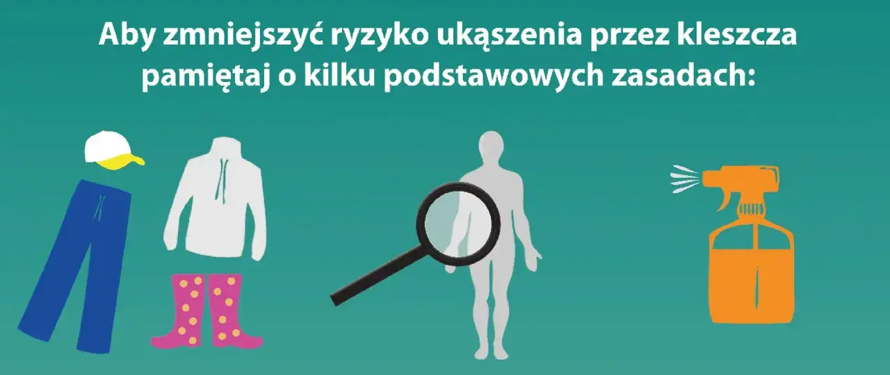Ubrania, lupa na sylwetce człowieka i spray odstraszający to elementy chroniące przed ukąszeniem kleszcza, w tym groźnego Ixodes ricinus.