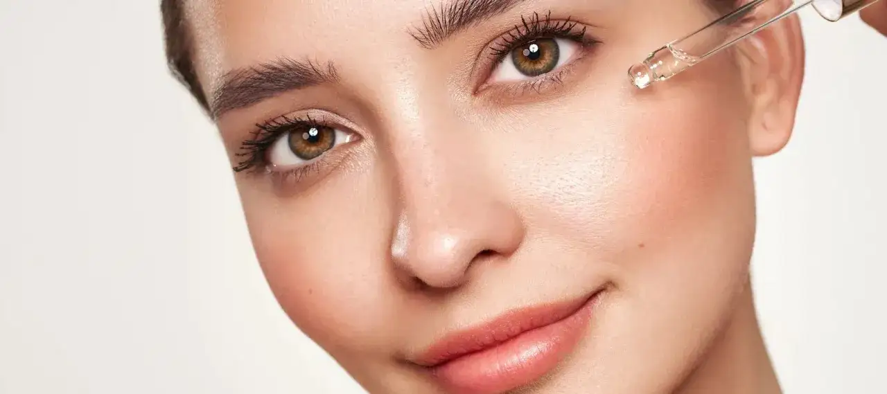 Ein Tropfen Vitamin C Serum 15 Prozent wird auf die Haut aufgetragen.