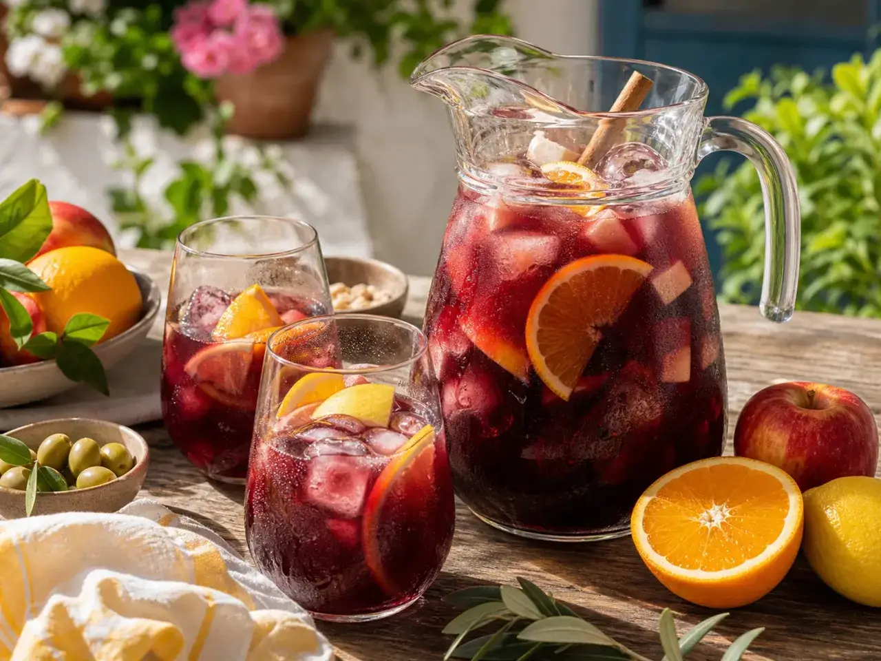 Erfrischendes rezept sangria rot mit Früchten und Eiswürfeln in Gläsern und Karaffe.