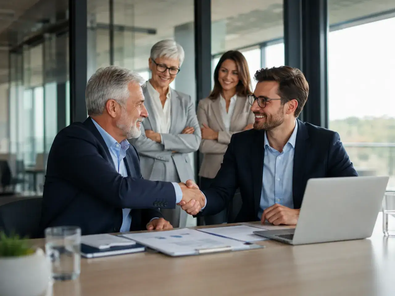 Due uomini si stringono la mano in un ufficio moderno, mentre due donne sorridono sullo sfondo. Un accordo di successo, forse una **executive summary traduzione** che ha portato a un nuovo progetto.