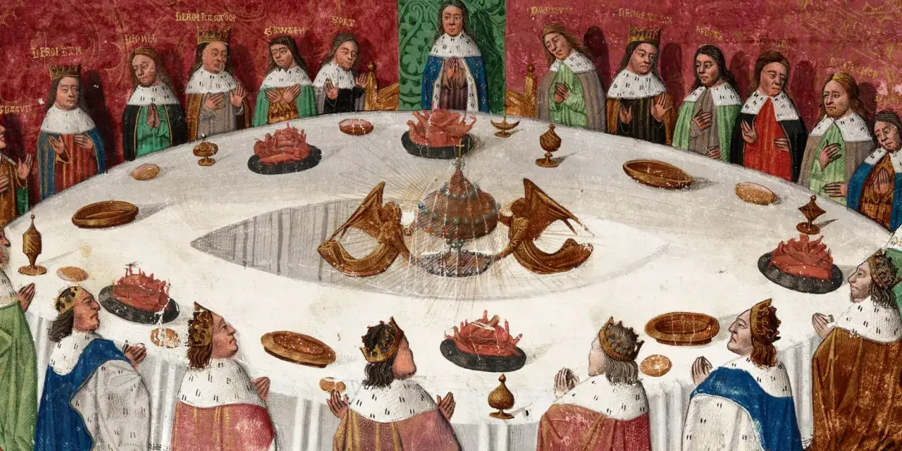 Banquet médiéval, des chevaliers autour d'une table, un calice scintillant au centre, évoquant la quête du **graal def**.