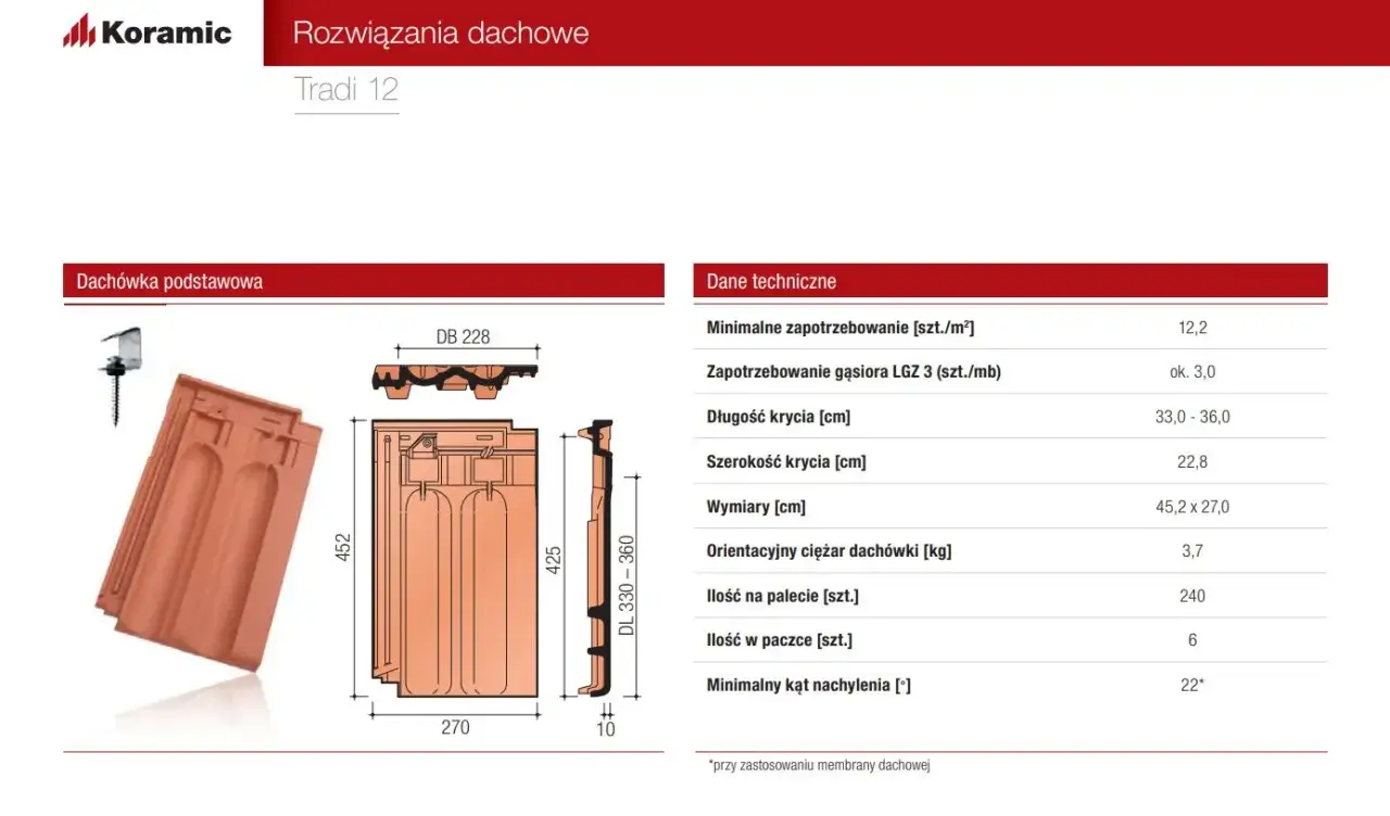 Ceramiczna dachówka Tradi 12 Koramic, jej wymiary 45,2 x 27 cm i grubość, która wpływa na wagę 3,7 kg.