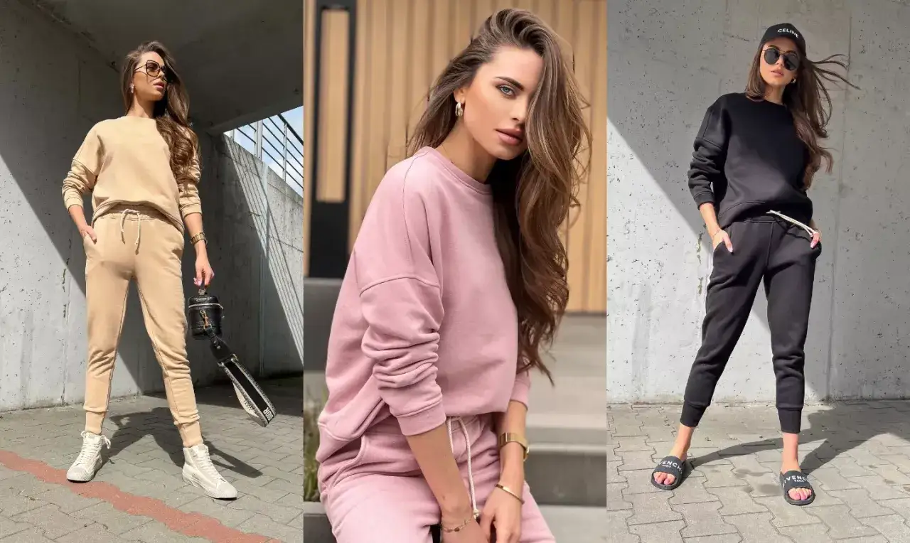 Dresy oversize damskie w kolorach beżowym, pudrowym różu i czarnym. Idealne na co dzień i do stylizacji sportowych.