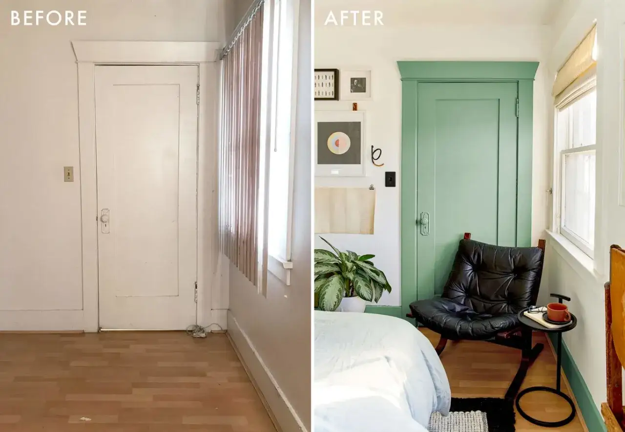 Antes y despu&eacute;s de pintar una habitaci&oacute;n. La puerta blanca se transforma en un verde menta vibrante, con arte y una silla de cuero negra.