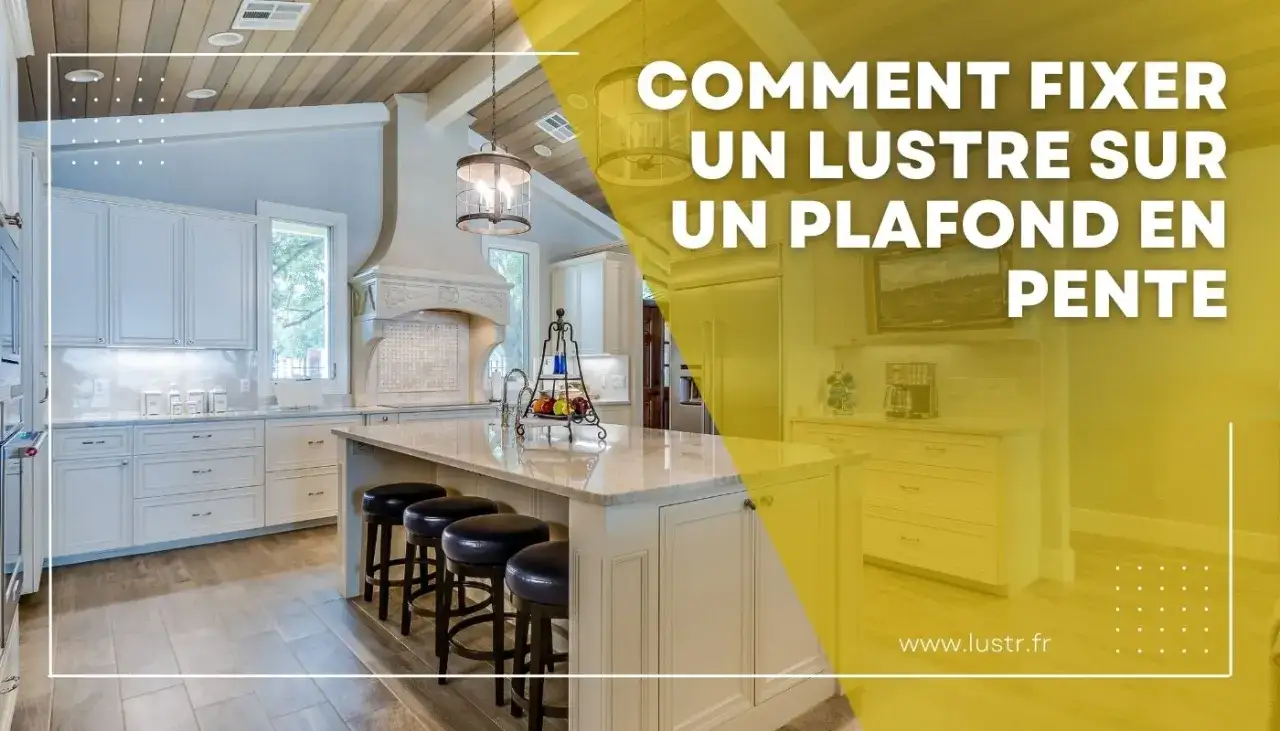 Comment fixer un lustre sur un plafond en pente : une cuisine moderne avec &icirc;lot central et luminaires suspendus.