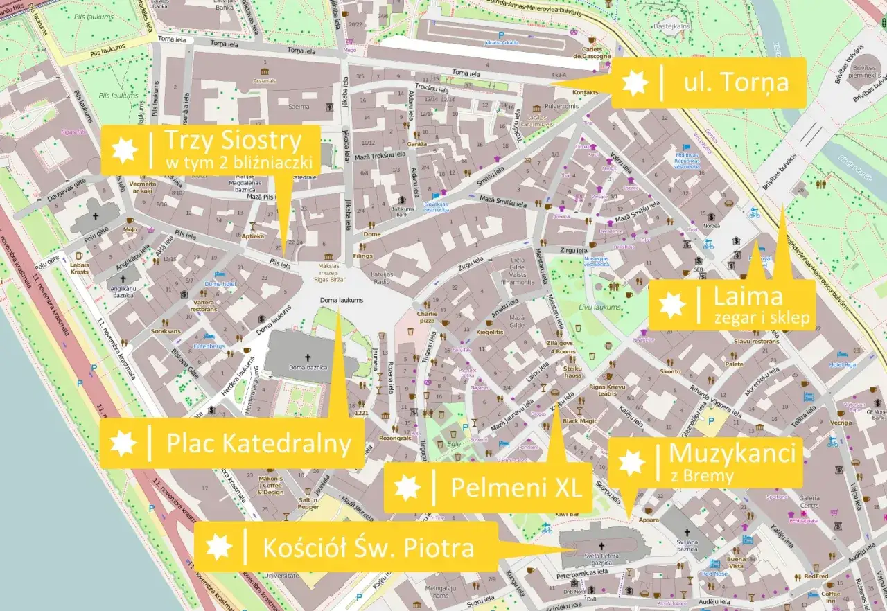 Ryga co zobaczyć: Plac Katedralny, Kościół Św. Piotra, Trzy Siostry, ul. Torna, Laima zegar i sklep, Muzykanci z Bremy, Pelmeni XL.