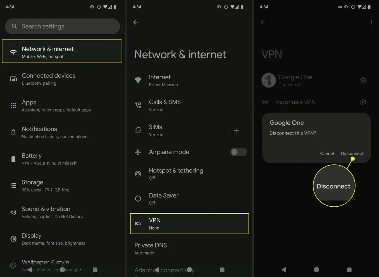 Ekran telefonu z ustawieniami sieciowymi, gdzie widać opcję VPN. Można tu zarządzać połączeniem vpn na telefon.