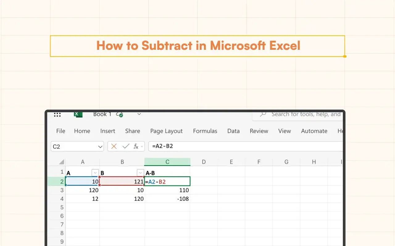 Arkusz kalkulacyjny Excel pokazuje, jak wykonać odejmowanie w Excelu, używając formuły `=A2-B2`.