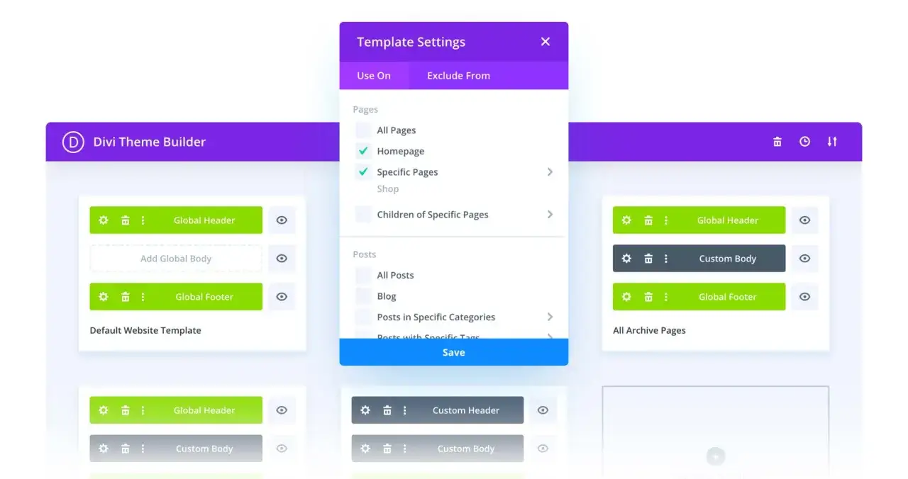 Interface du thème Divi pour WordPress, configurant les modèles pour des pages spécifiques.