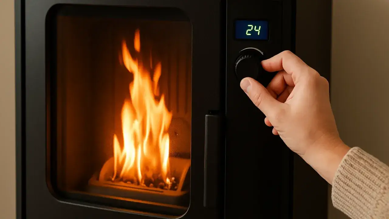 Main d'une personne ajustant la **vitesse** de l'**échangeur** d'un **poêle à granulé** affichant 24°C.