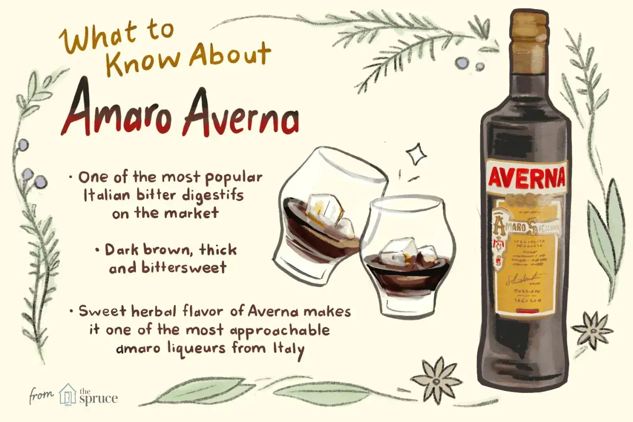 Butelka i kieliszki z Amaro Averna, popularnym włoskim likierem o słodko-gorzkim smaku.