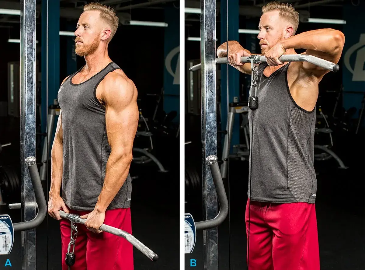 Man tränar axlar på gym med kabelmaskin. Bild A visar startposition, bild B visar övre delen av rörelsen.