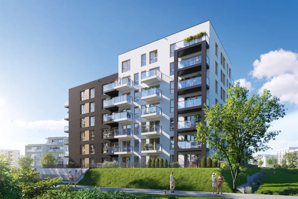 Nowoczesne apartamenty z balkonami na tle zieleni. Wyobraź sobie spacer po **lawendowym wzgórzu Gdańsk** i relaks w tym miejscu.