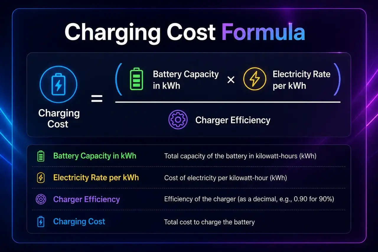 Formel f&ouml;r att ber&auml;kna **driftkostnad elbil**: batterikapacitet x elpris / laddareffektivitet.