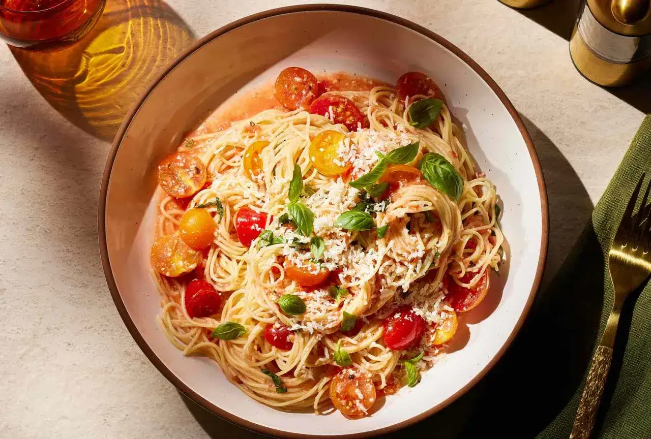 Assiette de pâtes à l'italienne, spaghetti avec tomates cerises, basilic frais et parmesan râpé. Un plat simple et savoureux.