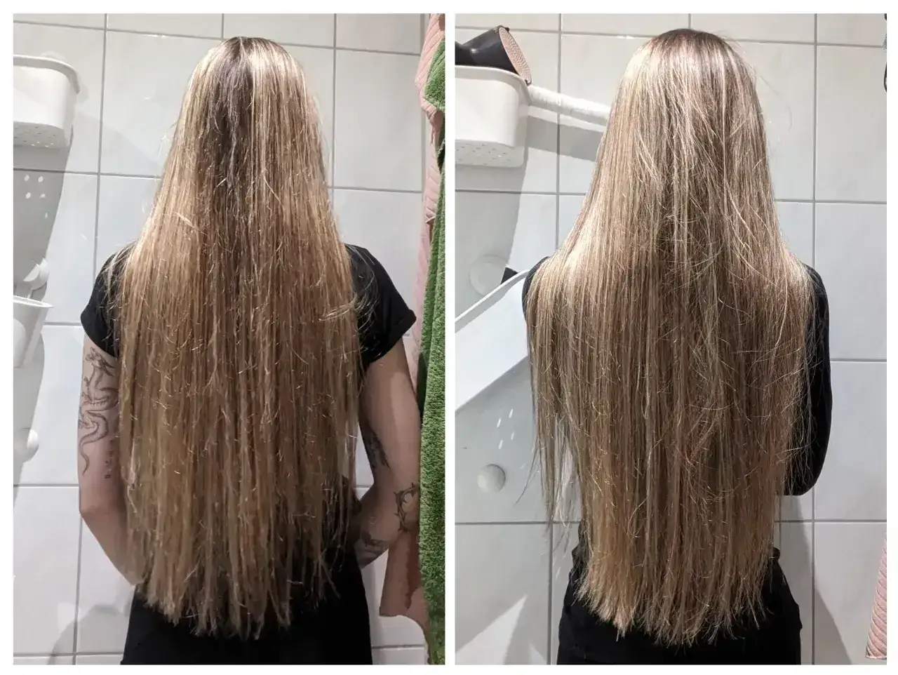 Długie, blond włosy po zabiegu olejowania. Włosy są lśniące i wygładzone, widać różnicę przed i po.
