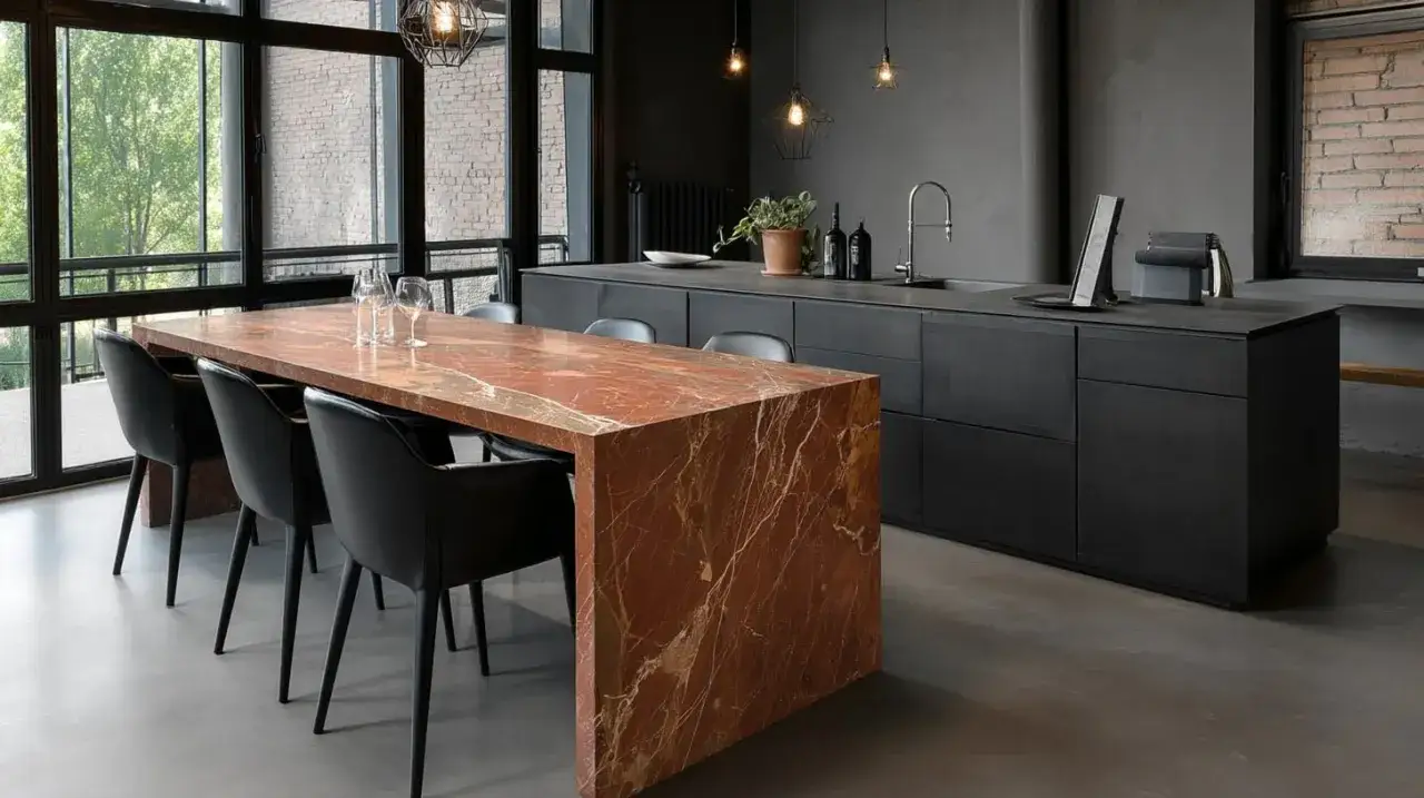Elegante tavolo con piano in marmo rosso e sedie nere, parte di un arredamento moderno con isola cucina scura.