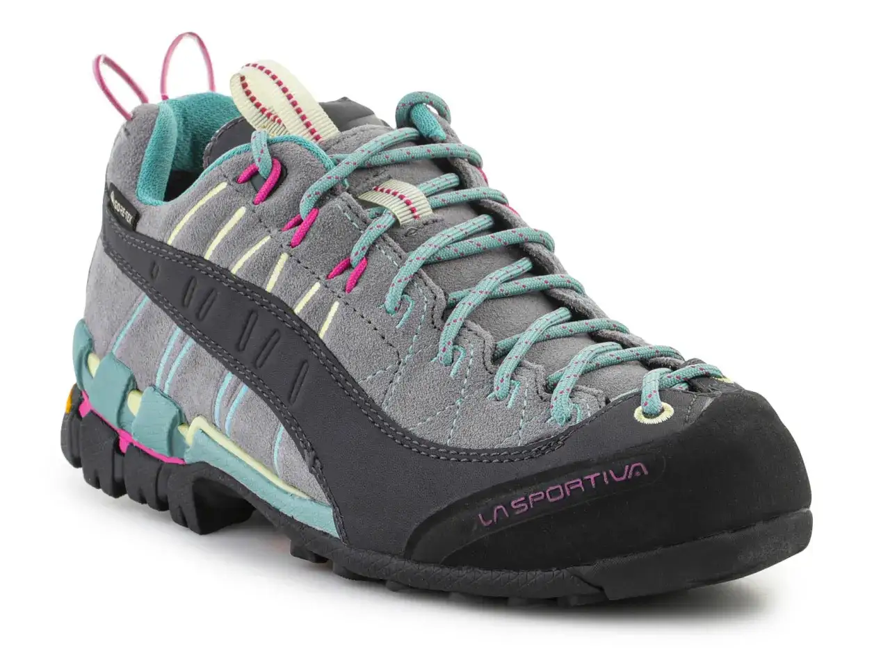 Szare buty trekkingowe La Sportiva z turkusowymi i różowymi akcentami, idealne na lato.